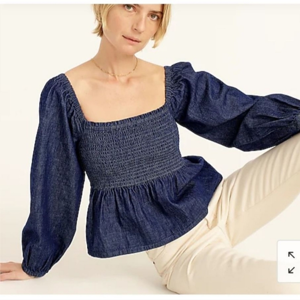 J. Crew Puff-Sleeve Chambray Smocked Top denim blue size Medium